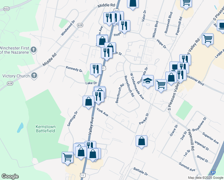 map of restaurants, bars, coffee shops, grocery stores, and more near 519 Applecroft Road in Winchester