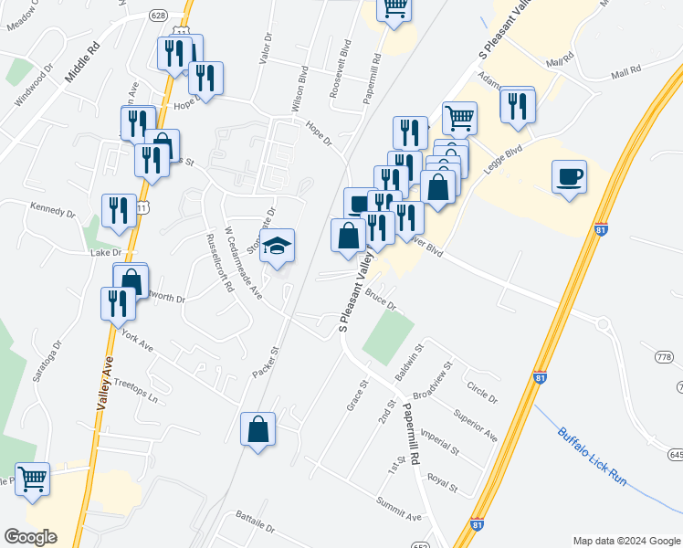 map of restaurants, bars, coffee shops, grocery stores, and more near 2701 Papermill Road in Winchester