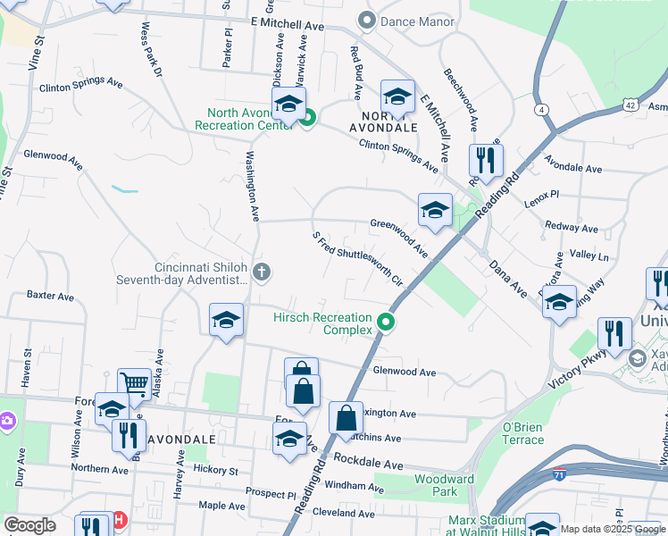 map of restaurants, bars, coffee shops, grocery stores, and more near 3620 Eaton Ln in Cincinnati