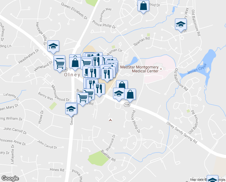 map of restaurants, bars, coffee shops, grocery stores, and more near 18011 Ohara Circle in Olney