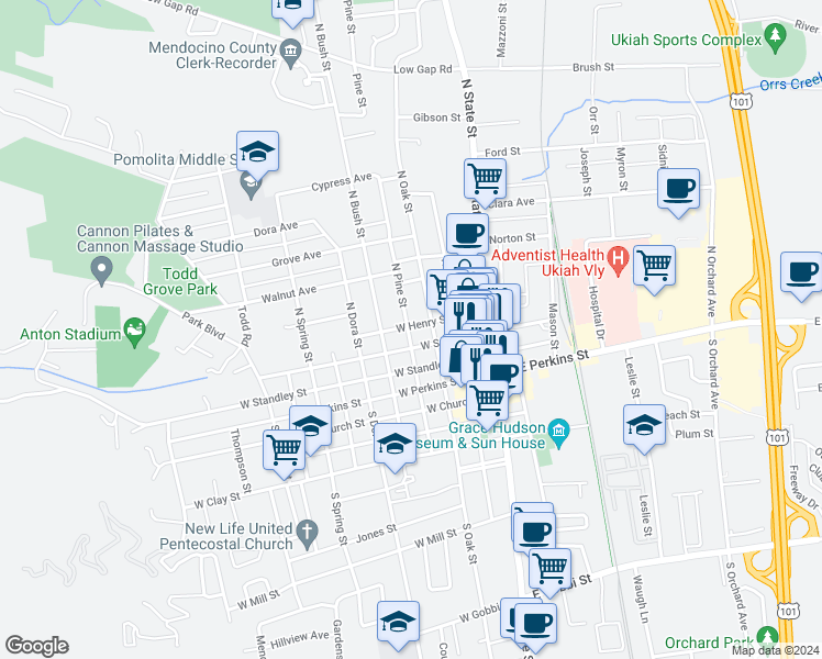 map of restaurants, bars, coffee shops, grocery stores, and more near 315 North Pine Street in Ukiah