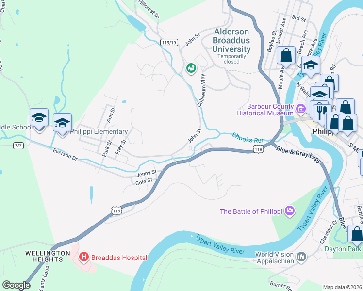 map of restaurants, bars, coffee shops, grocery stores, and more near 67 John St in Philippi