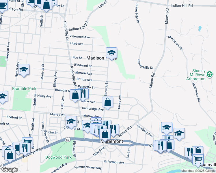 map of restaurants, bars, coffee shops, grocery stores, and more near 7004 Palmetto Street in Cincinnati