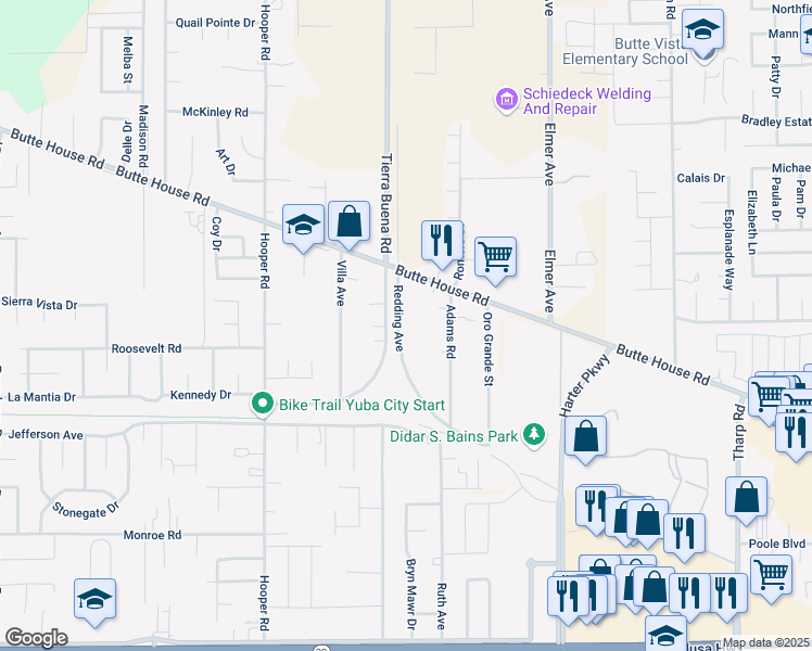 map of restaurants, bars, coffee shops, grocery stores, and more near 1627 Redding Avenue in Yuba City