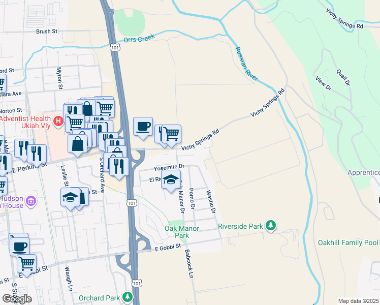map of restaurants, bars, coffee shops, grocery stores, and more near 130 Oak Manor Court in Ukiah