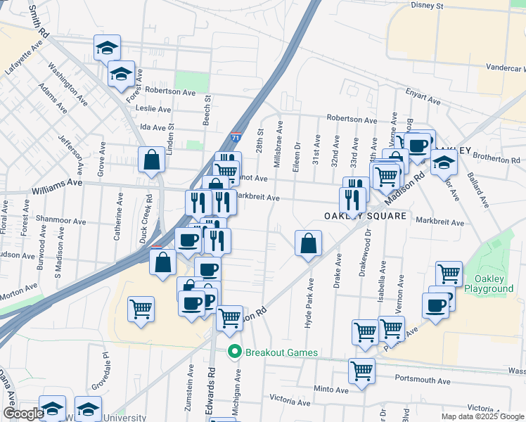 map of restaurants, bars, coffee shops, grocery stores, and more near 3953 Millsbrae Avenue in Cincinnati