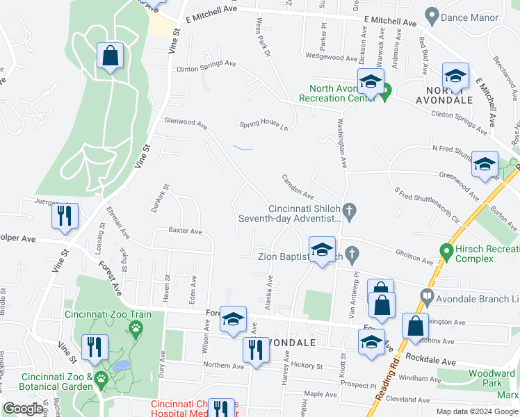 map of restaurants, bars, coffee shops, grocery stores, and more near 415 Glenwood Avenue in Cincinnati