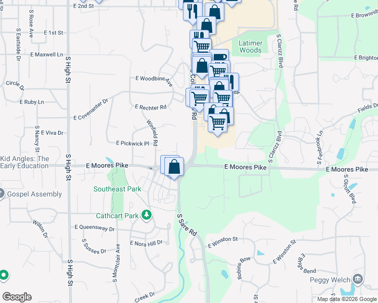 map of restaurants, bars, coffee shops, grocery stores, and more near 1372 South College Mall Road in Bloomington