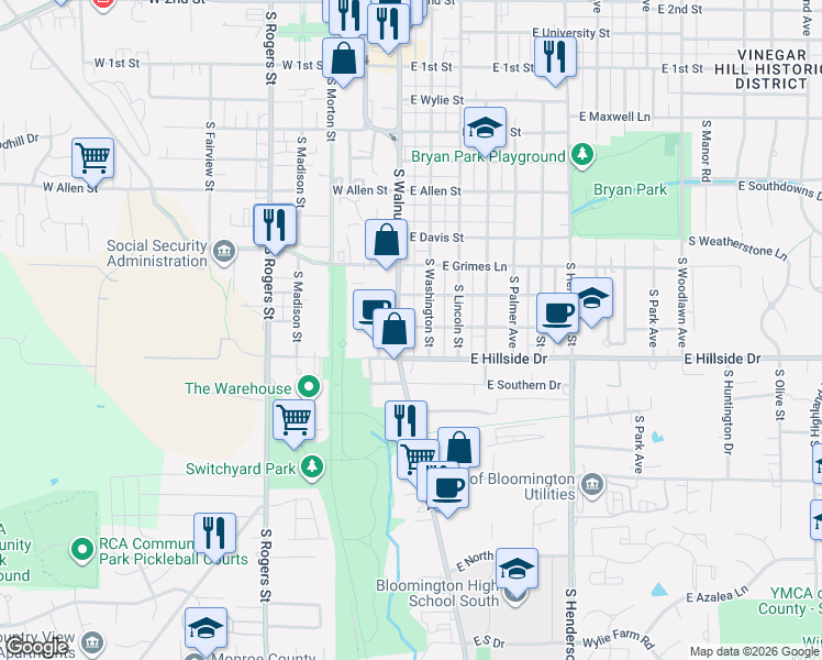map of restaurants, bars, coffee shops, grocery stores, and more near 1315 South Walnut Street in Bloomington