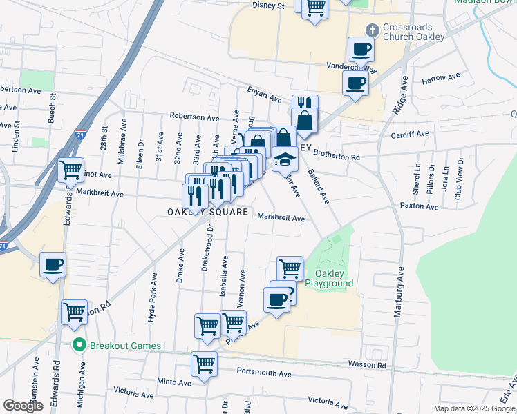 map of restaurants, bars, coffee shops, grocery stores, and more near 3082 Markbreit Avenue in Cincinnati