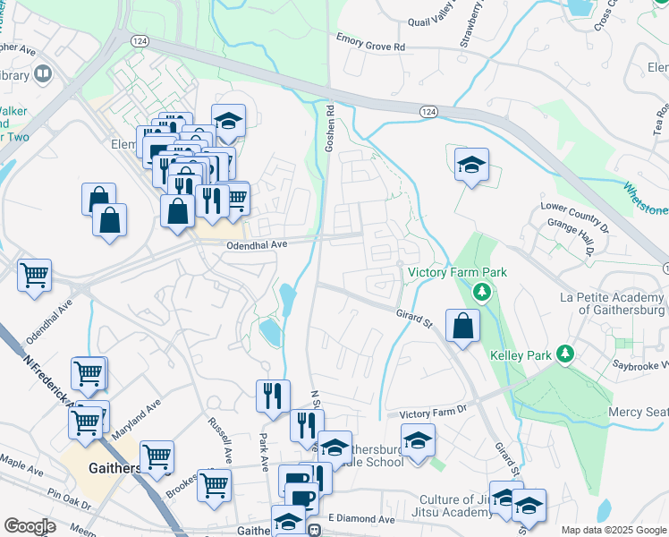 map of restaurants, bars, coffee shops, grocery stores, and more near 430 Allied Place in Gaithersburg