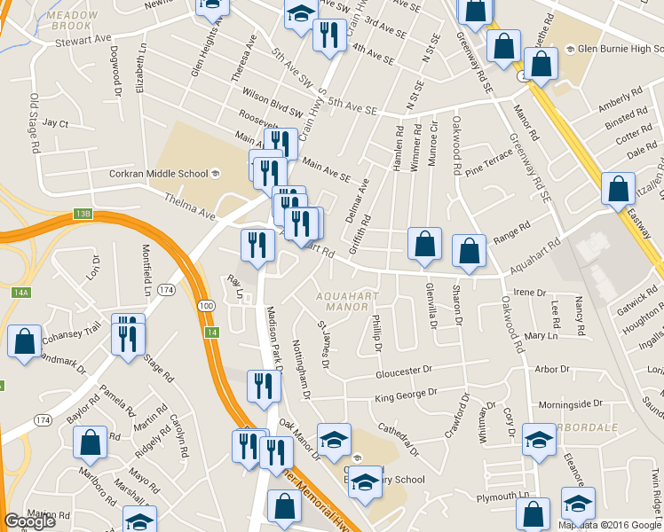 map of restaurants, bars, coffee shops, grocery stores, and more near 205 Aquahart Road in Glen Burnie