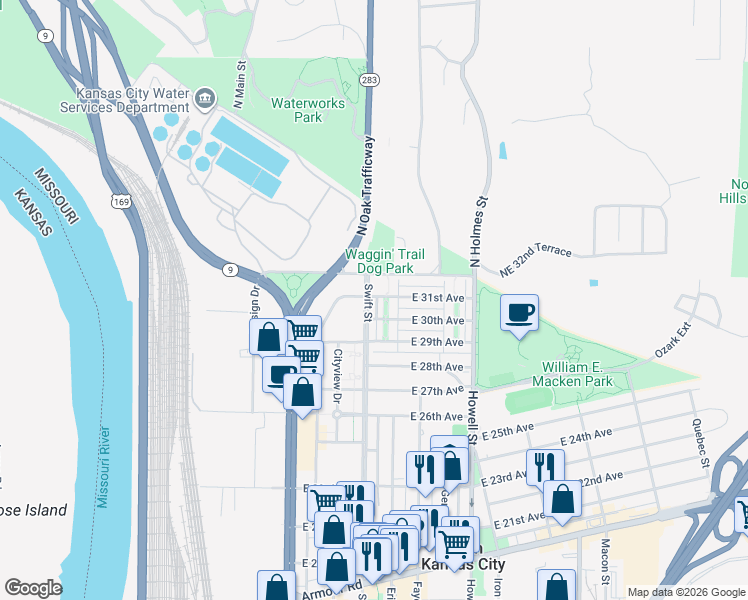 map of restaurants, bars, coffee shops, grocery stores, and more near 3012 Erie Park in Kansas City