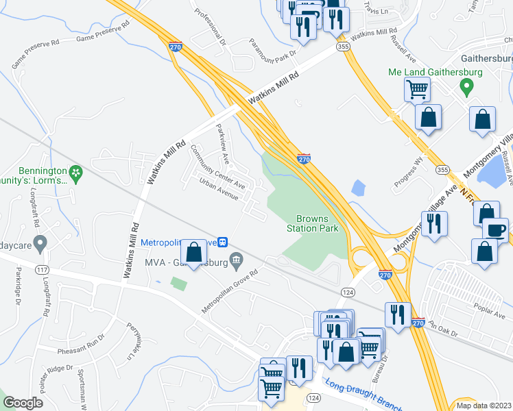 map of restaurants, bars, coffee shops, grocery stores, and more near 438 Blue Flax Place in Gaithersburg