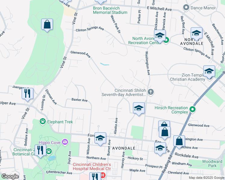 map of restaurants, bars, coffee shops, grocery stores, and more near 415 Glenwood Avenue in Cincinnati