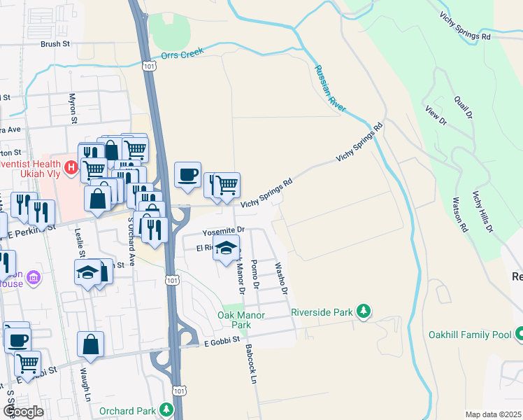 map of restaurants, bars, coffee shops, grocery stores, and more near 170 Oak Manor Court in Ukiah