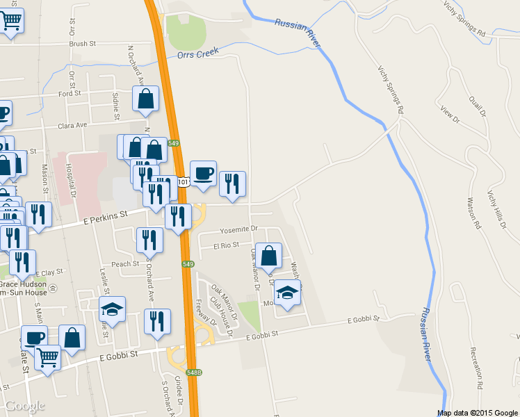 map of restaurants, bars, coffee shops, grocery stores, and more near 130 Oak Manor Court in Ukiah