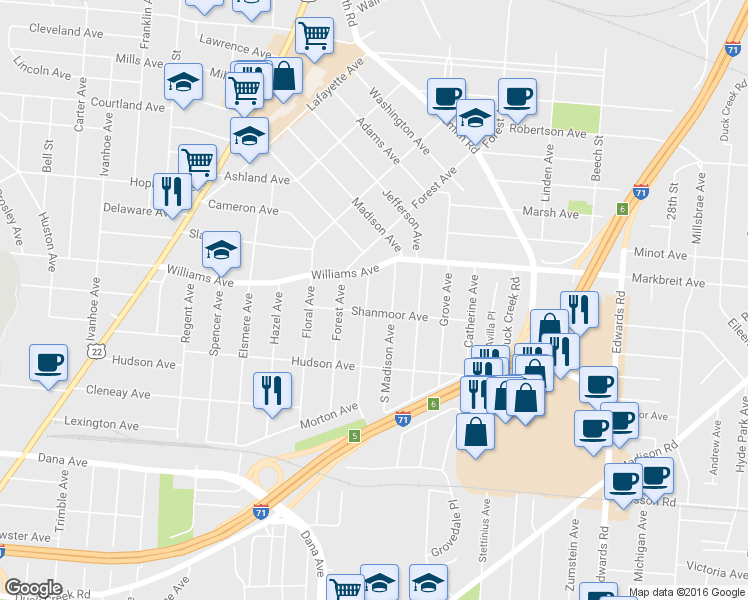 map of restaurants, bars, coffee shops, grocery stores, and more near 4008 Burwood Avenue in Cincinnati