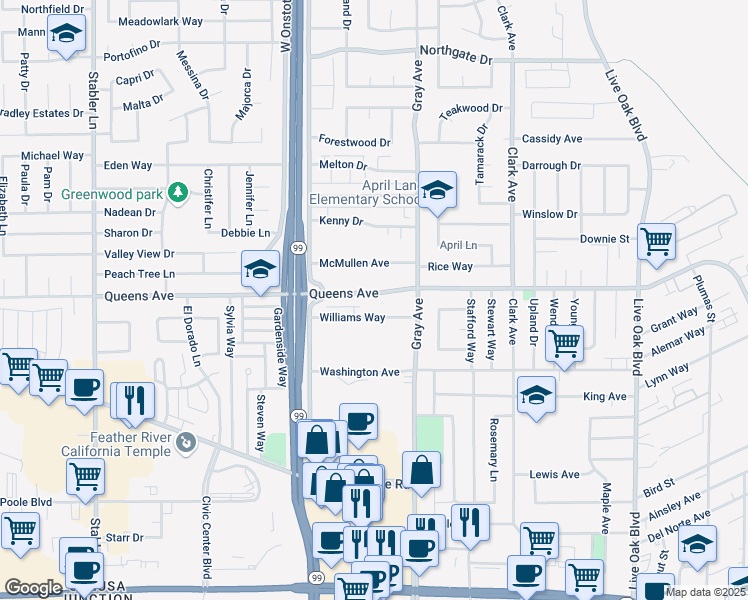 map of restaurants, bars, coffee shops, grocery stores, and more near 1180 Queens Avenue in Yuba City
