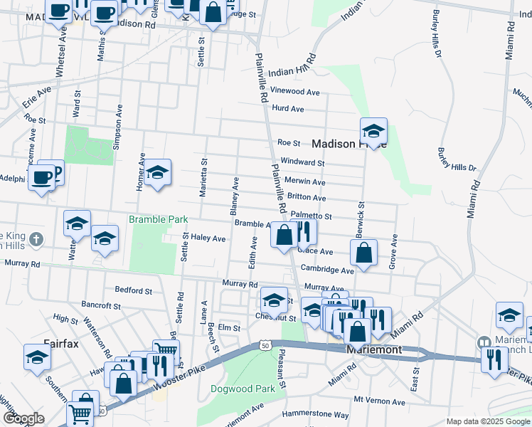 map of restaurants, bars, coffee shops, grocery stores, and more near 6761 Palmetto Street in Cincinnati