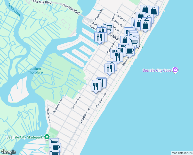 map of restaurants, bars, coffee shops, grocery stores, and more near 4801 Central Avenue in Sea Isle City