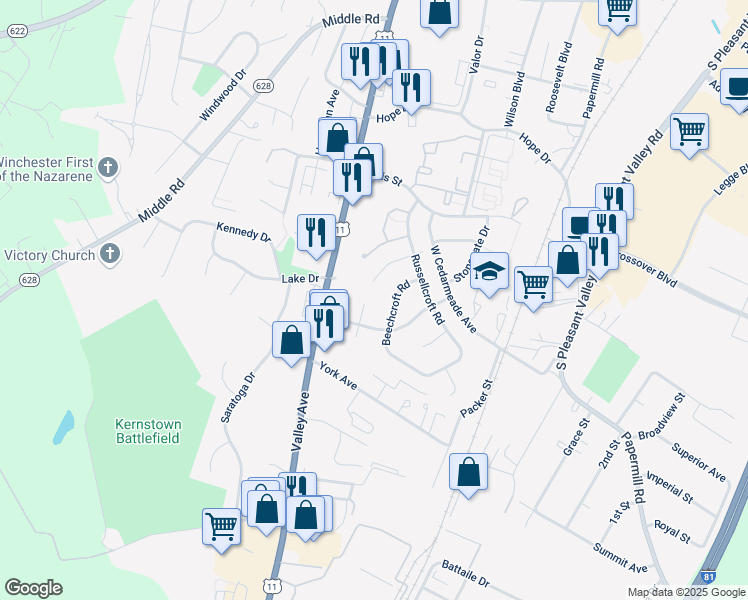 map of restaurants, bars, coffee shops, grocery stores, and more near 519 Applecroft Road in Winchester