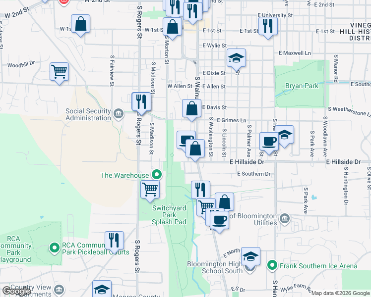 map of restaurants, bars, coffee shops, grocery stores, and more near 1410 South Monon Drive in Bloomington