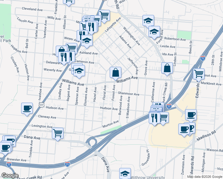 map of restaurants, bars, coffee shops, grocery stores, and more near 4005 Forest Avenue in Norwood