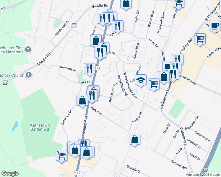 map of restaurants, bars, coffee shops, grocery stores, and more near 425 Beechcroft Road in Winchester