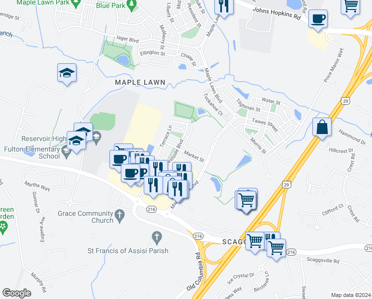 map of restaurants, bars, coffee shops, grocery stores, and more near 11317 Market Street in Fulton