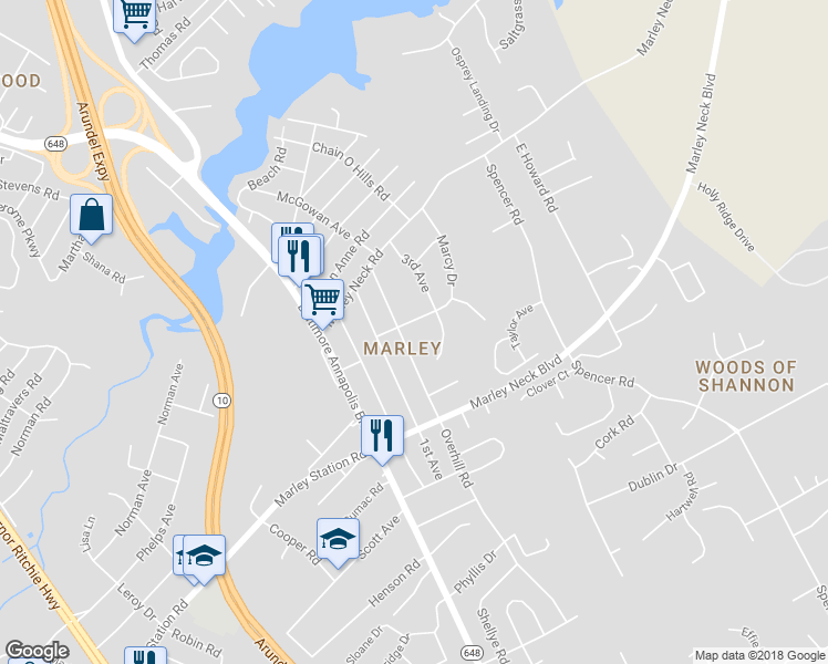 map of restaurants, bars, coffee shops, grocery stores, and more near 102 Hilltop Road in Glen Burnie