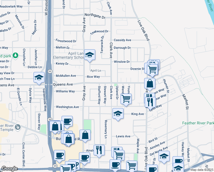 map of restaurants, bars, coffee shops, grocery stores, and more near 1489 Stewart Way in Yuba City
