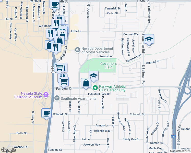 map of restaurants, bars, coffee shops, grocery stores, and more near 580 Mallory Way in Carson City