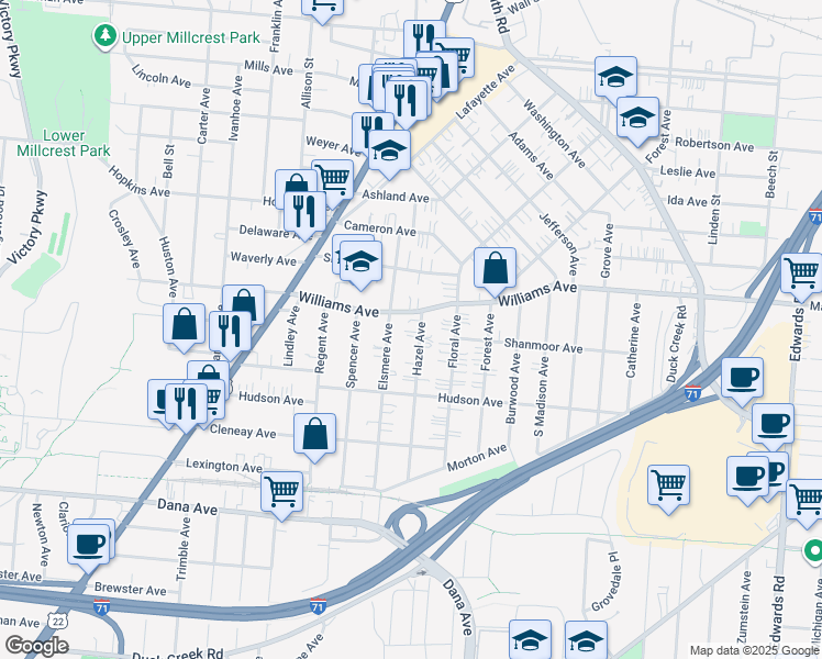 map of restaurants, bars, coffee shops, grocery stores, and more near 3955 Hazel Avenue in Cincinnati