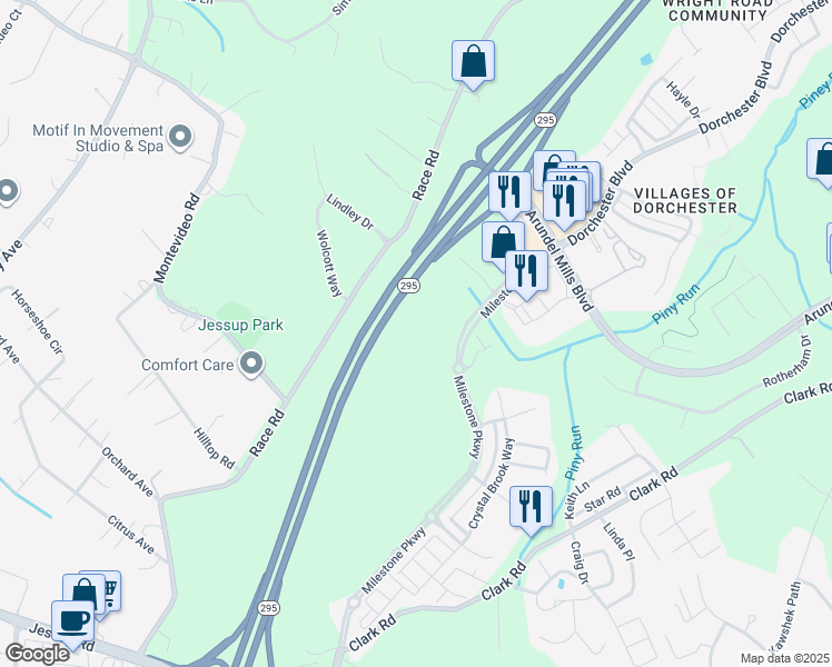 map of restaurants, bars, coffee shops, grocery stores, and more near 7740 Milestone Parkway in Hanover