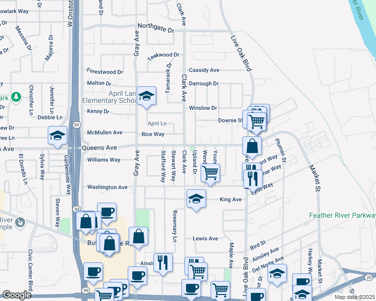 map of restaurants, bars, coffee shops, grocery stores, and more near 1489 Clark Avenue in Yuba City