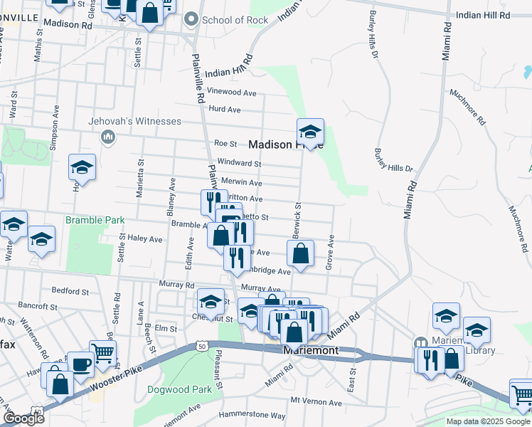 map of restaurants, bars, coffee shops, grocery stores, and more near 6910 Palmetto Street in Cincinnati