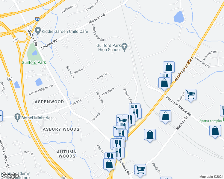 map of restaurants, bars, coffee shops, grocery stores, and more near 8855 Hub Garth in Jessup