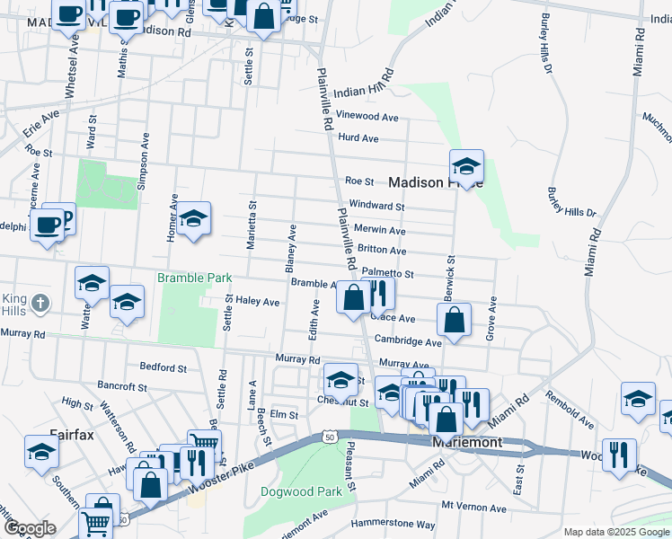 map of restaurants, bars, coffee shops, grocery stores, and more near 6765 Palmetto Street in Cincinnati