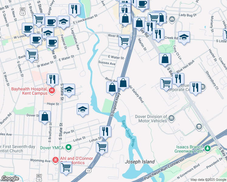 map of restaurants, bars, coffee shops, grocery stores, and more near 620 South Dupont Highway in Dover