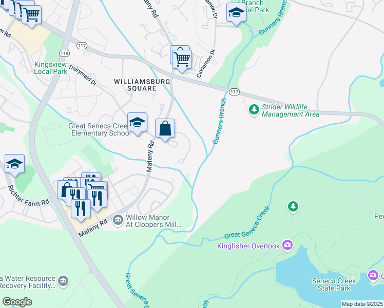 map of restaurants, bars, coffee shops, grocery stores, and more near 12833 Kitchen House Way in Germantown