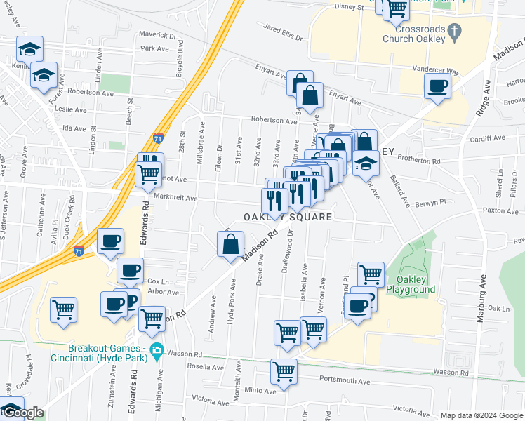 map of restaurants, bars, coffee shops, grocery stores, and more near 2893 Markbreit Avenue in Cincinnati