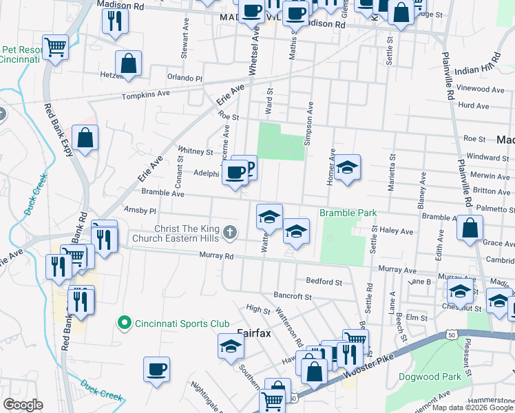 map of restaurants, bars, coffee shops, grocery stores, and more near 5921 Bramble Avenue in Cincinnati