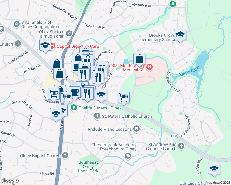 map of restaurants, bars, coffee shops, grocery stores, and more near 13 Ohara Court in Olney
