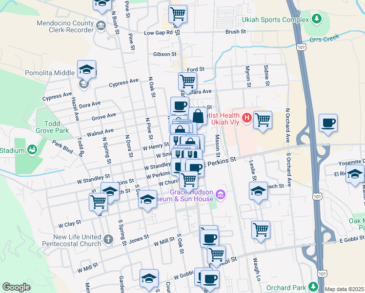 map of restaurants, bars, coffee shops, grocery stores, and more near 344 North State Street in Ukiah