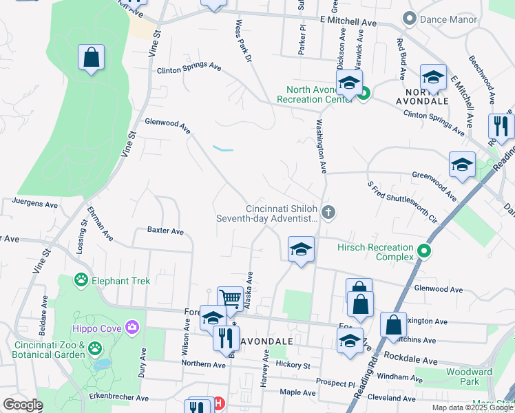 map of restaurants, bars, coffee shops, grocery stores, and more near 420 Glenwood Avenue in Cincinnati