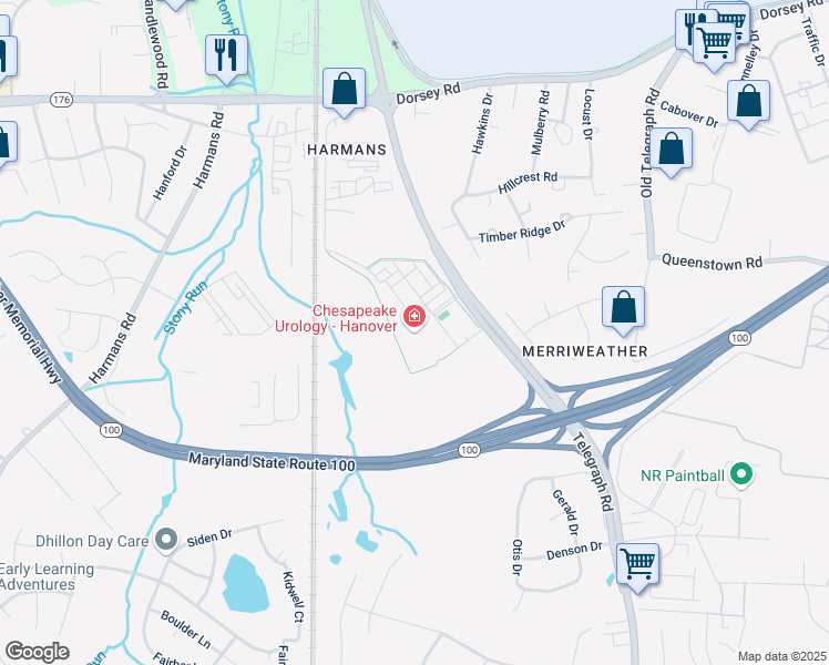map of restaurants, bars, coffee shops, grocery stores, and more near 7580 Buckingham Boulevard in Severn