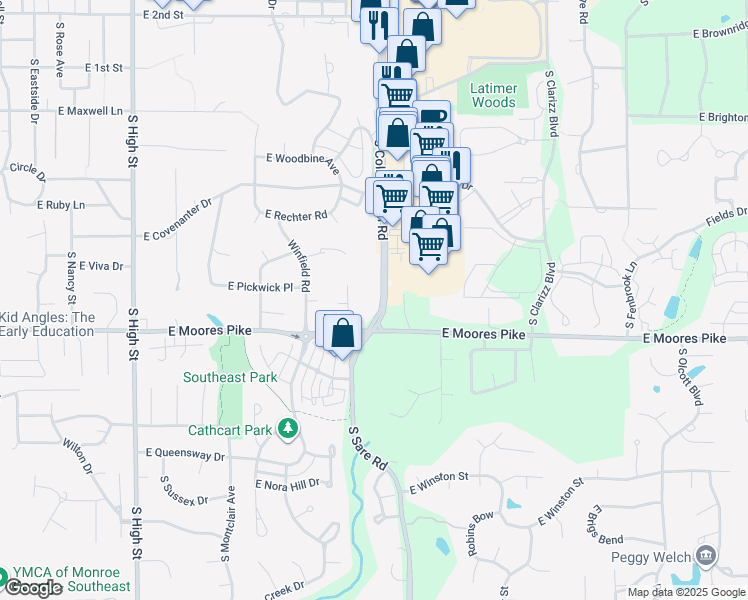 map of restaurants, bars, coffee shops, grocery stores, and more near 1372 South College Mall Road in Bloomington