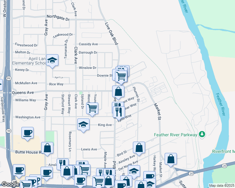 map of restaurants, bars, coffee shops, grocery stores, and more near 1473 Live Oak Boulevard in Yuba City