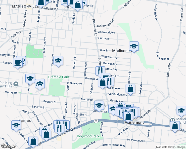 map of restaurants, bars, coffee shops, grocery stores, and more near 6761 Palmetto Street in Cincinnati